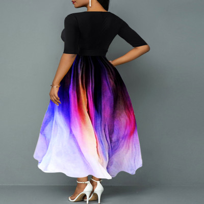 Printed Slim Elegant Half-Sleeve Belt Plus Size Dress Sexy V Neck Patchwork Maxi Dress