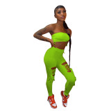 Women's Solid Color Strapless Lace-Up Hollow Two Piece Pants Set