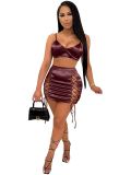 Women's Stretch Satin Spring Summer Solid Color Lace-Up Sexy Two-Piece Skirt Set