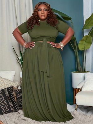 Green Short Sleeve Top Midi Skirt Plus Size Fashion Casual Two Piece Set
