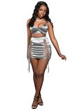 Women's Stretch Satin Spring Summer Solid Color Lace-Up Sexy Two-Piece Skirt Set