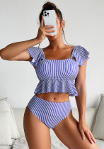 Bikini Stripe Ruffle High Waist Sexy Low Back Bikini Swimsuit