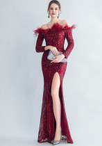 Feather Sequins Off Shoulder Long Sleeve Mermaid Evening Dress