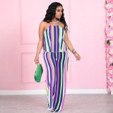 Women Casual Halter Neck Stripe Top and Pant Two-Piece Set