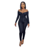 Women Sexy Solid V-Neck Off Shoulder Solid Long Sleeve Jumpsuit