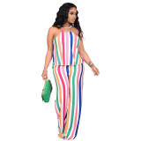 Women Casual Halter Neck Stripe Top and Pant Two-Piece Set