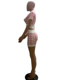 Women Plaid Print Contrast Collar Short Sleeve Top and Mini Skirt Two-Piece Set