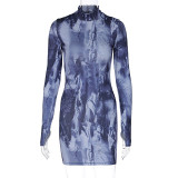 Women Summer Print Round Neck Long Sleeve Bodycon Dress