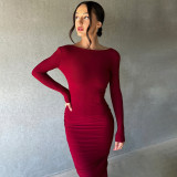 Women Sexy V Neck Pleated Solid Long Sleeve Dress