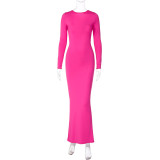 Women Sexy V Neck Pleated Solid Long Sleeve Dress