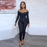 Women Sexy Solid V-Neck Off Shoulder Solid Long Sleeve Jumpsuit