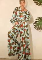 Women Printed Long Sleeve Top and Wide Leg Pants Casual Two-Piece Set