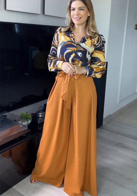 Summer Women's Career Long Sleeve Shirt High Waist Tie Wide Leg Pants Set