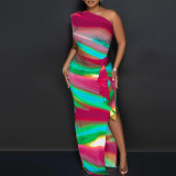 Sexy Printed One Shoulder Cutout Multi-Color Slit Lace Dress