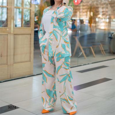 Plus Size Printed Loose Long-sleeved Top + High-end Simple Trousers Set for Women