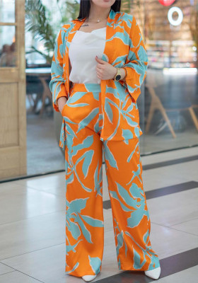 Plus Size Printed Loose Long-sleeved Top + High-end Simple Trousers Set for Women
