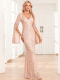 Women's V Neck Slit Long Sleeves Fully Lined Formal Party Mermaid Glitter Evening Dress