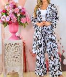 Autumn leopard print loose long-sleeved top classic wide-leg trousers fashion set for women