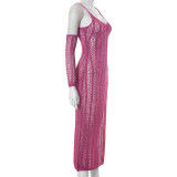 Women's summer woolen suspenders deep v slit sleeve long dress