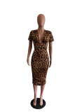 Women's Fashion Leopard Print Short Sleeve V-Neck Bodycon Dress