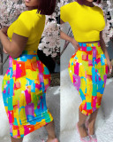Women's Print Short Sleeve Top Tight Fitting Midi Skirt Two Piece Set