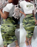 Women's Print Short Sleeve Top Tight Fitting Midi Skirt Two Piece Set