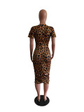 Women's Fashion Leopard Print Short Sleeve V-Neck Bodycon Dress