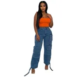 Trendy Multi Pocket Denim Pants Wash Cargo Pants Jeans