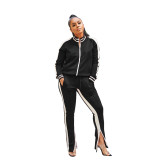 Women Off Shoulder Zipper Long Sleeve Top and Pant Sport Two-Piece Set