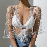 Women Fishnet Beaded Half Sleeve Sexy Shawl Cutout Top