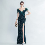 Women Herringbone ostrich velvet sequined mermaid evening dress