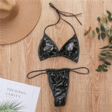 Women Pu Leather Solid Sexy Lace-Up Thong Bikini Swimwear