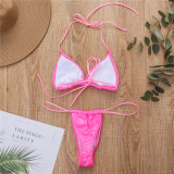 Women Pu Leather Solid Sexy Lace-Up Thong Bikini Swimwear