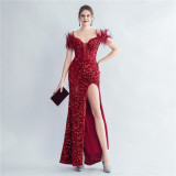 Women Herringbone ostrich velvet sequined mermaid evening dress