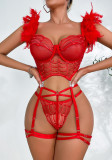 Women Feather Straps lace mesh Lace-Up Sexy Lingerie Set