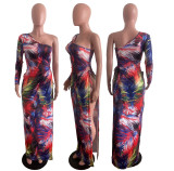 Women Sexy One Sleeve Multi-Color Tie-Dye Print Slit Dress