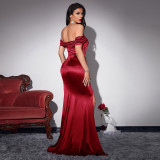 Fashion Off Shoulder Satin slit evening dress bridesmaid dress