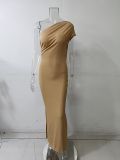 Spring Summer Women's Solid Color Casual Pleated Slash Shoulder Slit Slim Maxi Dress