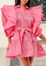Plus Size Ladies' Fashion Turndown Collar Flying Sleeve A-Line Dress