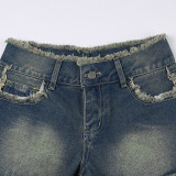 Women's Letter Back High Waist Zipper Distressed Vintage Chic Denim Shorts