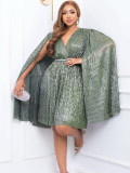 Belted V-Neck Chic Long Sleeve Cape Slim Waist Gown Dress