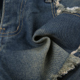 Women's Letter Back High Waist Zipper Distressed Vintage Chic Denim Shorts