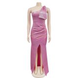 Women's fashion solid color bowknot slit long dress