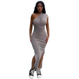Spring Summer Women's Solid Color Casual Pleated Slash Shoulder Slit Slim Maxi Dress