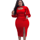 Plus Size Women's Fall Chic Cutout Long Sleeve Slit Solid Color African Dress