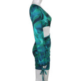 Tie Dye Print Slash Shoulder Long Sleeve One Shoulder Chic Patchwork Bodycon Drawstring Dress Women