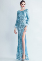 High-density ostrich feather sequin long-sleeved mermaid high-end evening dress