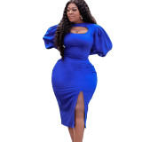 Plus Size Women's Fall Chic Cutout Long Sleeve Slit Solid Color African Dress