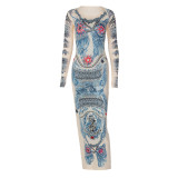 Women's Fall Long Sleeve Round Neck Print Maxi Fashion Fitted Dress
