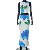 Women's Summer Casual Print Sleeveless Crop Tank Top Bodycon Slim Maxi Skirt Two Piece Set